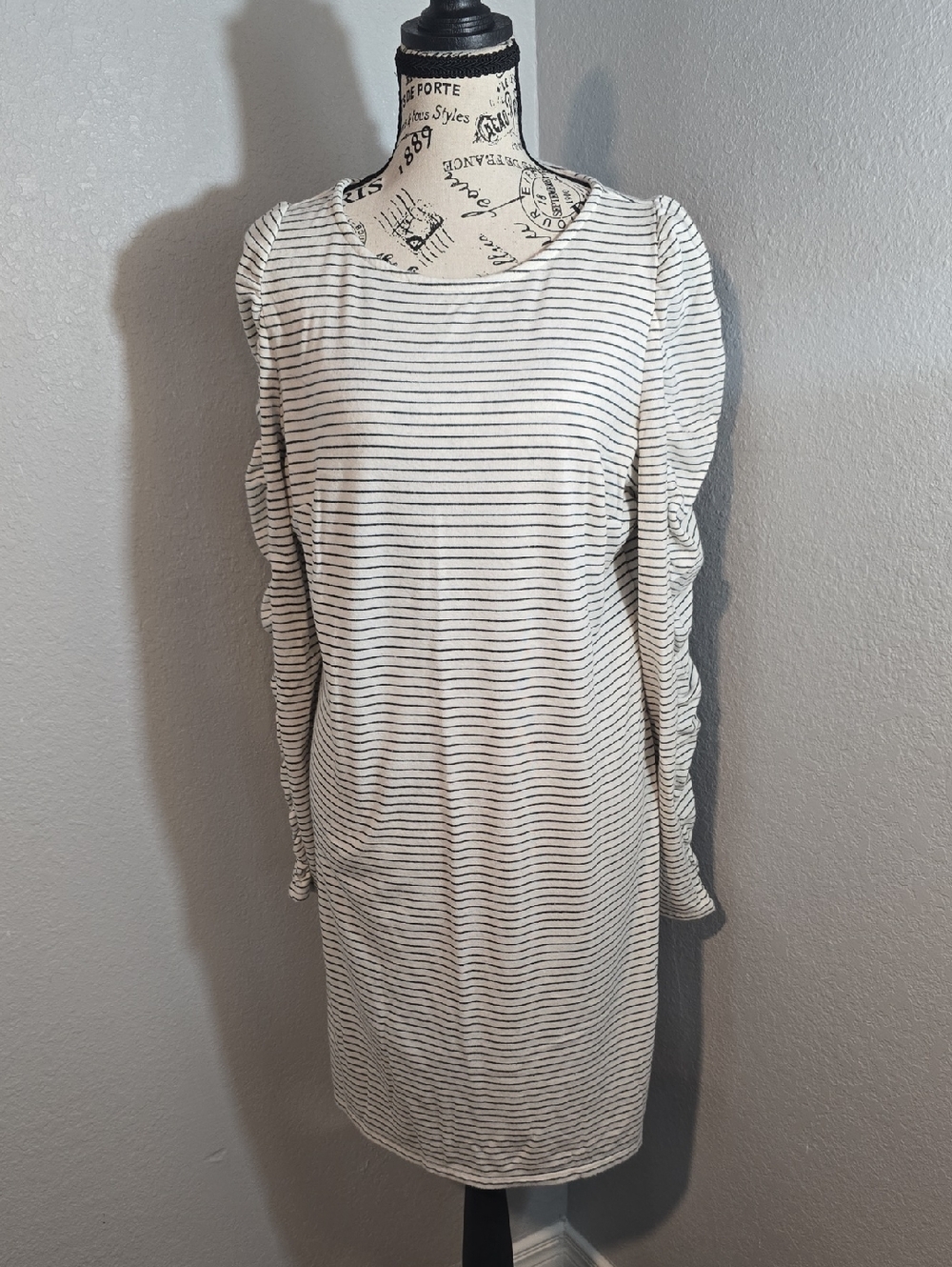 CATO Striped Long Sleeve Scoop-Neck Dress - White/Black